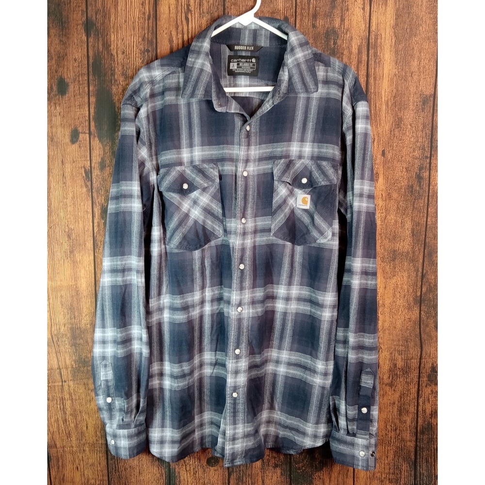 Carhartt Mens Rugged Flex Relaxed Fit Plaid Flannel Shirt Blue Grey Large Tall